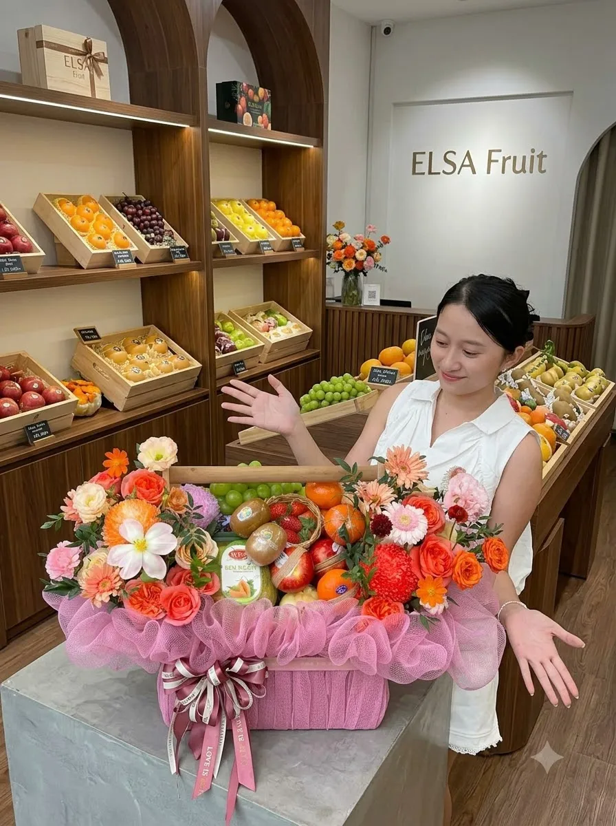 Nhân viên bên giỏ hoa quả cam, táo và hoa cam hồng bọc lưới hồng tại ELSA Fruit — ELSA Fruit huyện Giồng Riềng, Kiên Giang