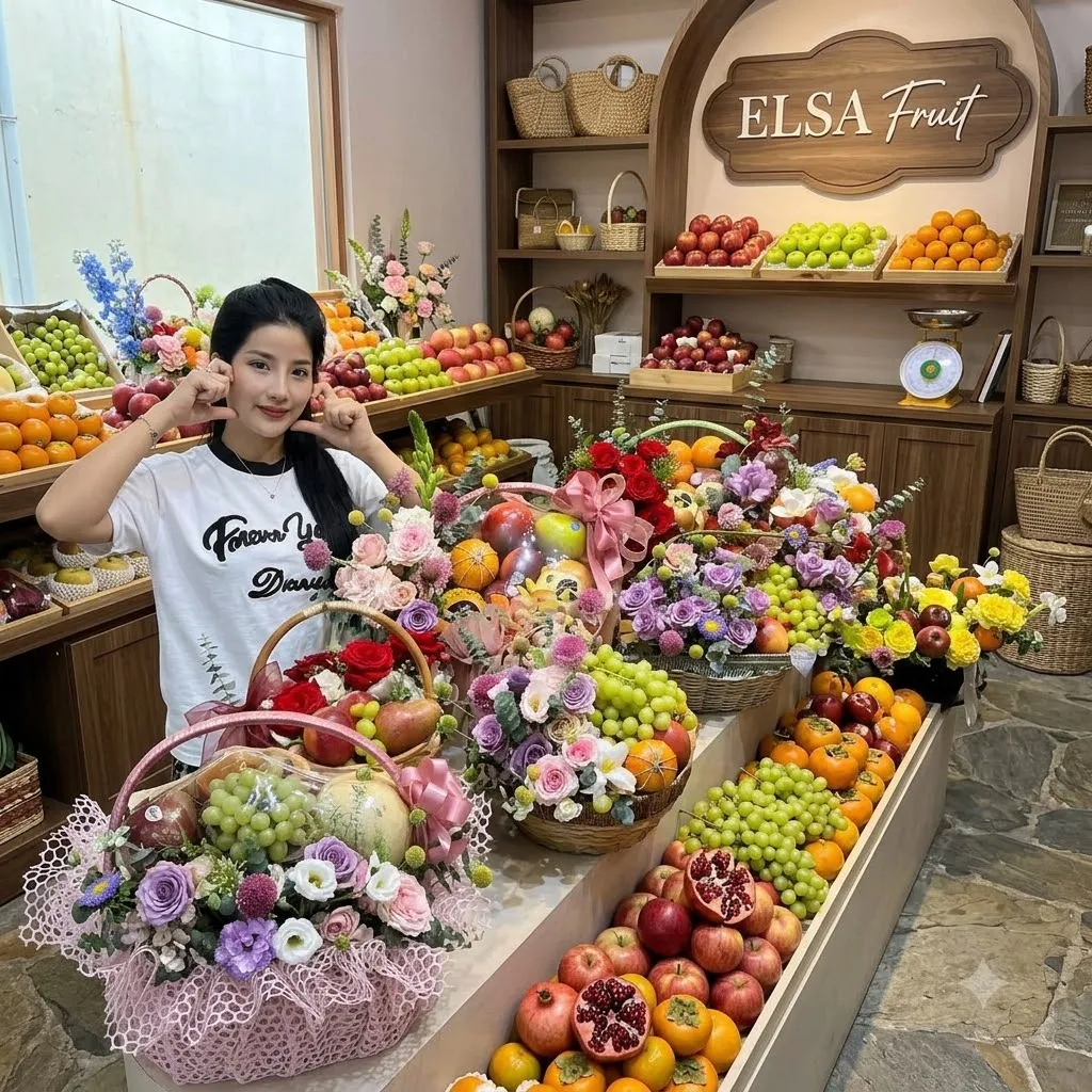 Nhân viên bên dãy giỏ hoa quả cắm hoa tím, hồng và dưa lưới trong cửa hàng ELSA Fruit — ELSA Fruit Kim Thành, Hải Dương
