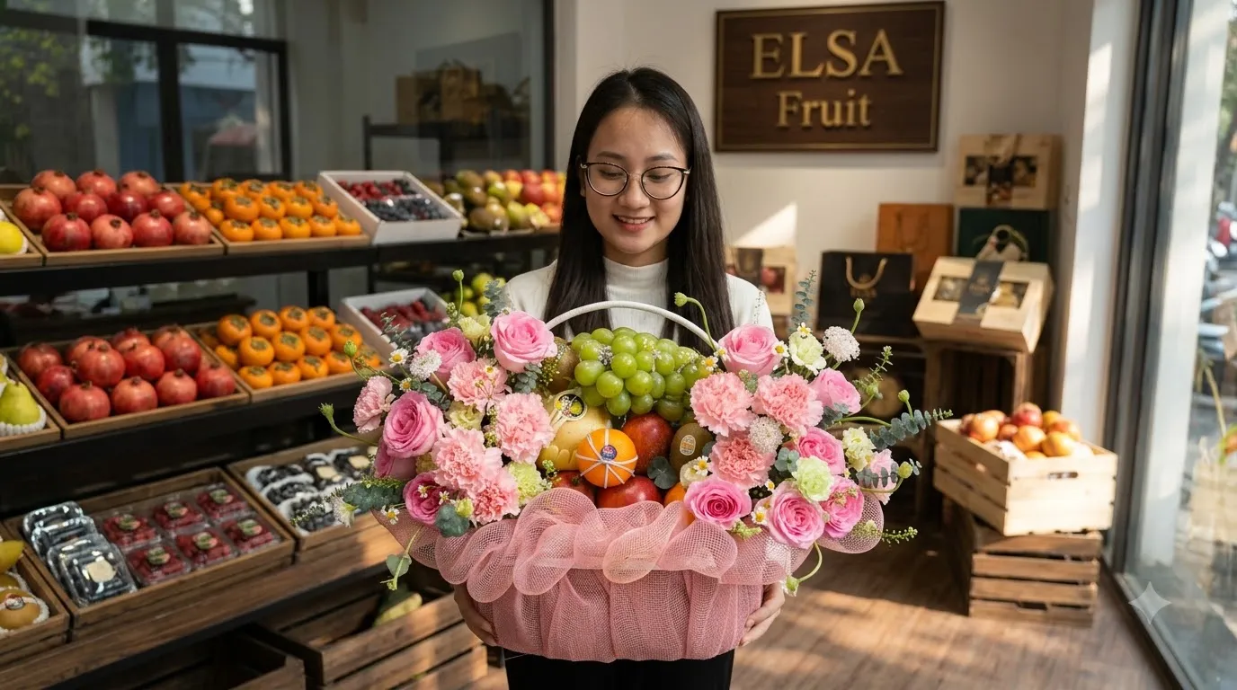 Nhân viên ôm giỏ hoa quả nho xanh và hoa hồng hồng bọc lưới hồng tại ELSA Fruit — ELSA Fruit huyện Châu Thành, Kiên Giang