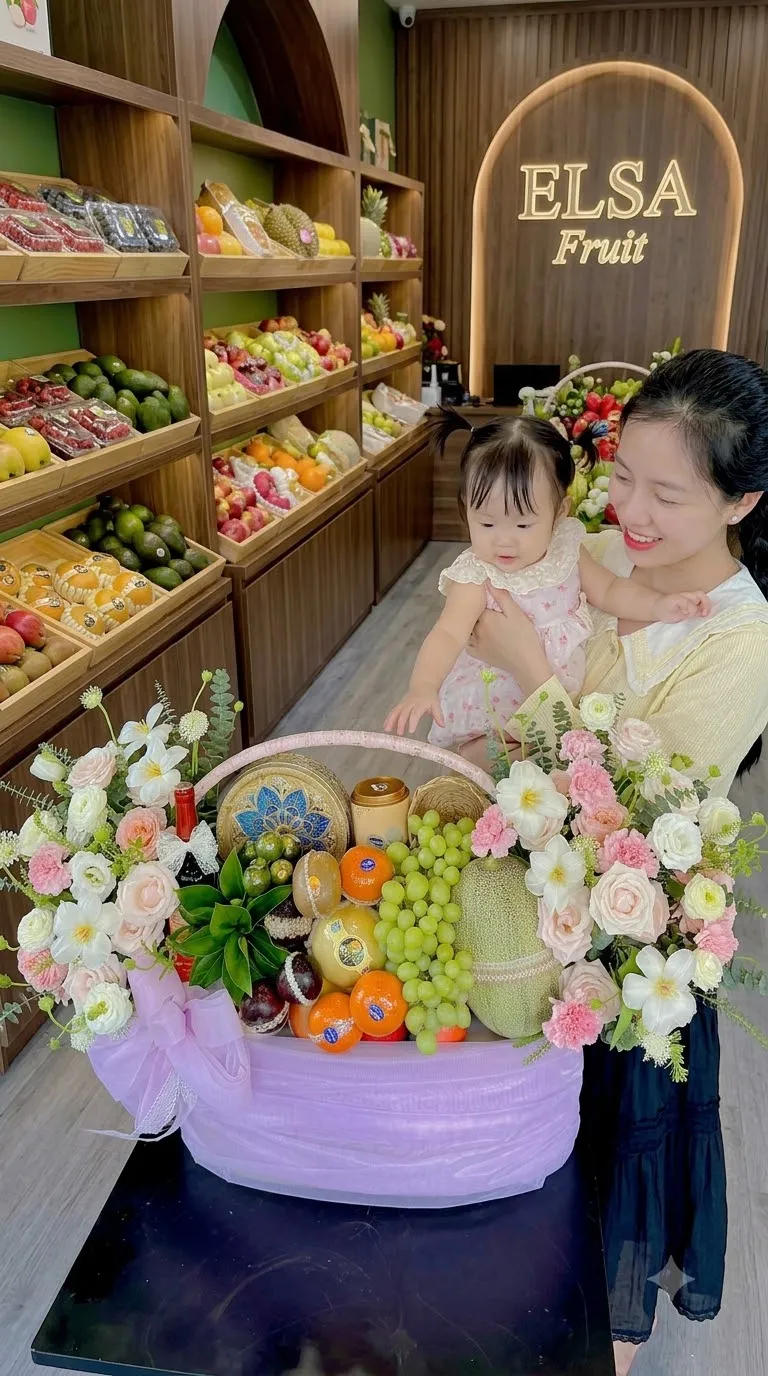 Nhân viên bế bé bên giỏ hoa quả nho xanh, cam và hoa trắng bọc lưới tím tại ELSA Fruit — ELSA Fruit huyện Trảng Bom, Đồng Nai