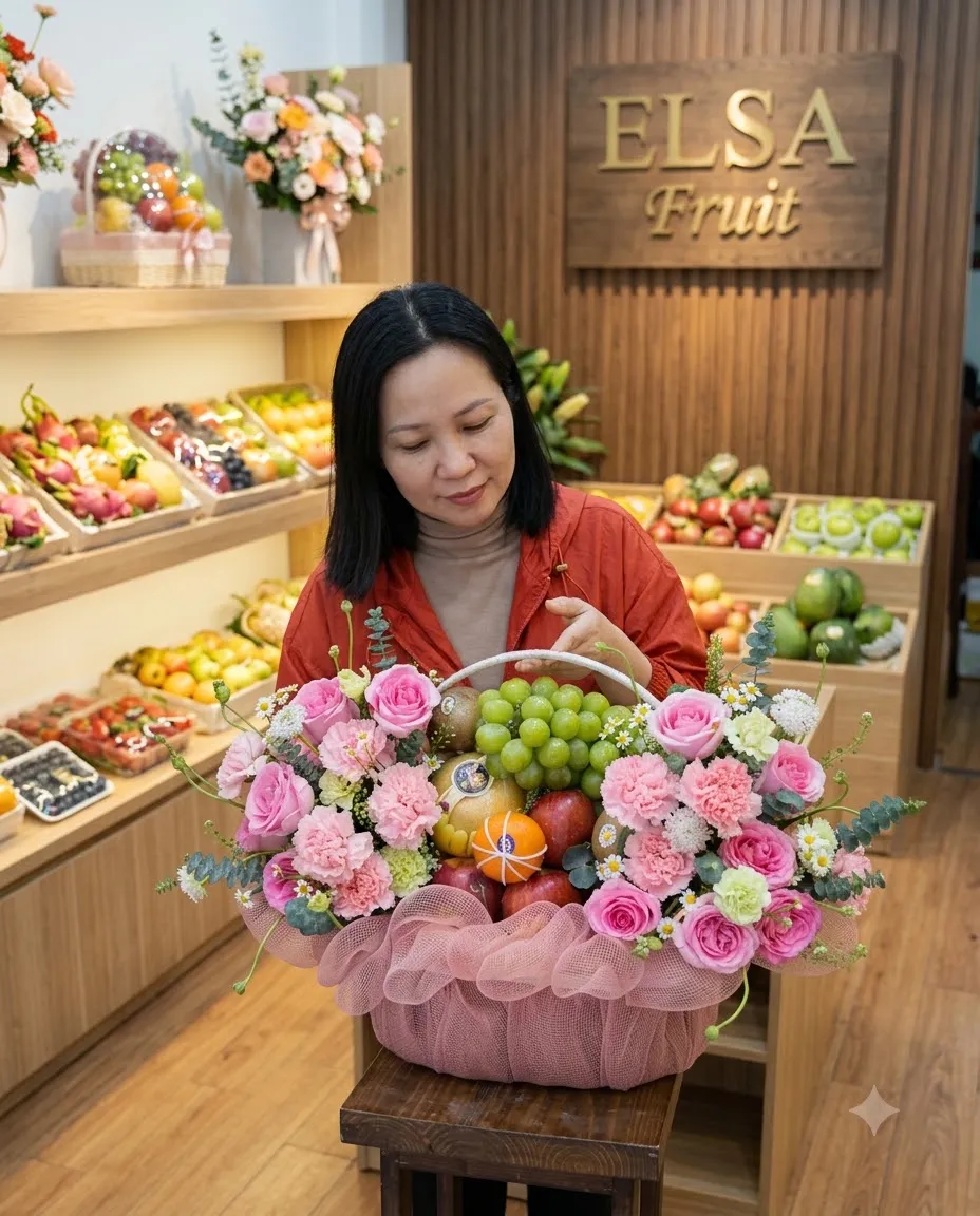 Nhân viên ôm giỏ hoa quả nho xanh, hoa hồng hồng bọc lưới hồng trước kệ ELSA Fruit — ELSA Fruit huyện Bảo Lâm, Cao Bằng