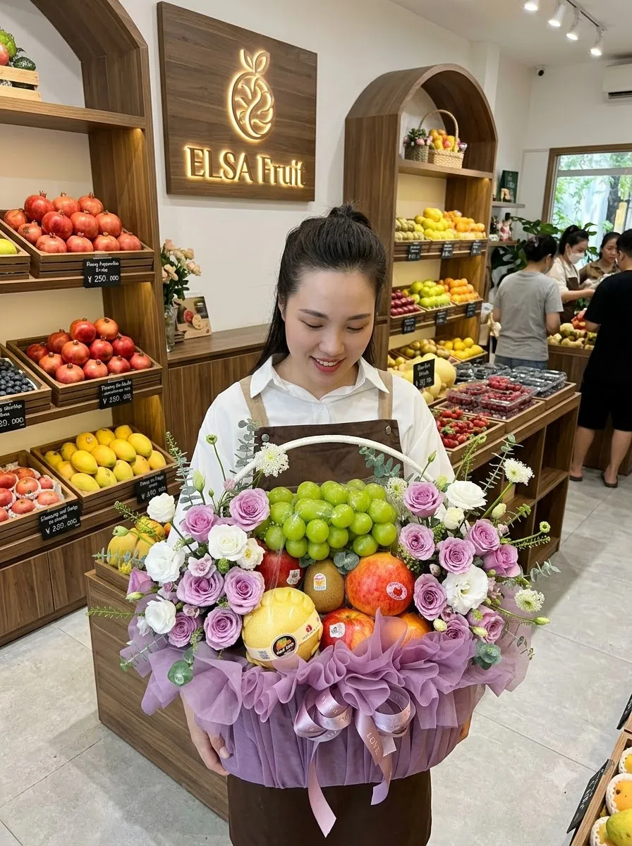 Nhân viên ôm giỏ hoa quả nho xanh, táo và hoa hồng tím bọc lưới tím tại ELSA Fruit — ELSA Fruit huyện Giồng Riềng, Kiên Giang