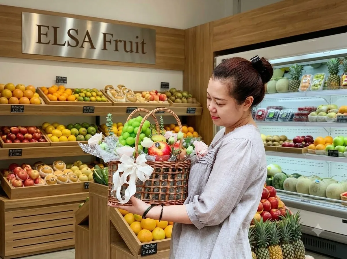 Nhân viên ôm giỏ mây trái cây và hoa trắng bên quầy trái cây ELSA Fruit — ELSA Fruit huyện Phú Riềng, Bình Phước