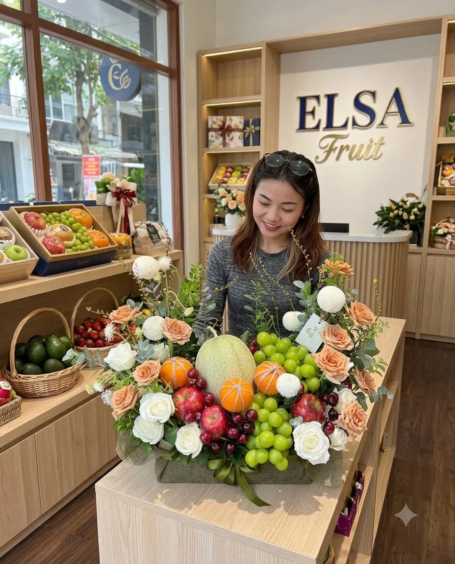 Nhân viên bên giỏ hoa quả dưa lưới, nho xanh, cam và hoa hồng trắng cam tại ELSA Fruit — ELSA Fruit Châu Thành An Giang