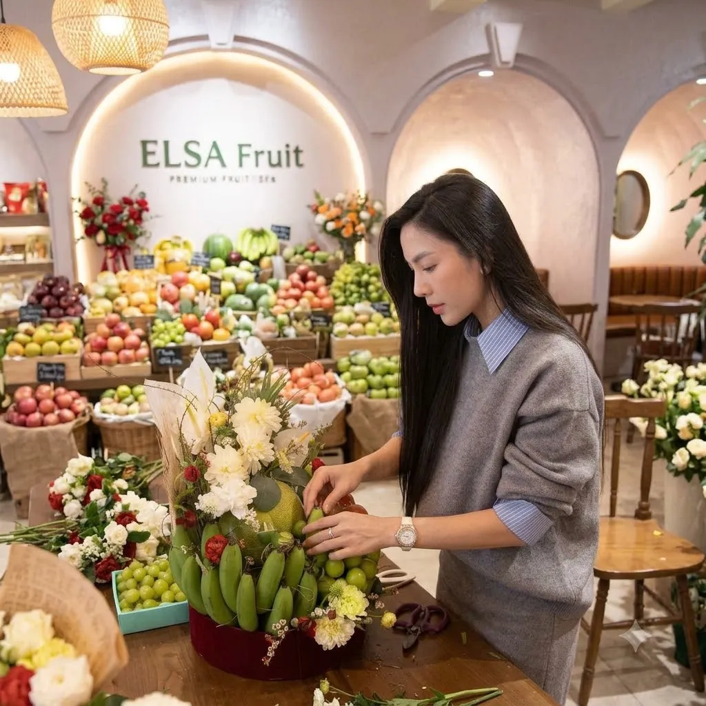Nhân viên cắm mâm quả chuối xanh, bưởi và hoa trắng giữa các kệ ELSA Fruit — ELSA Fruit huyện Đạ Huoai, Lâm Đồng