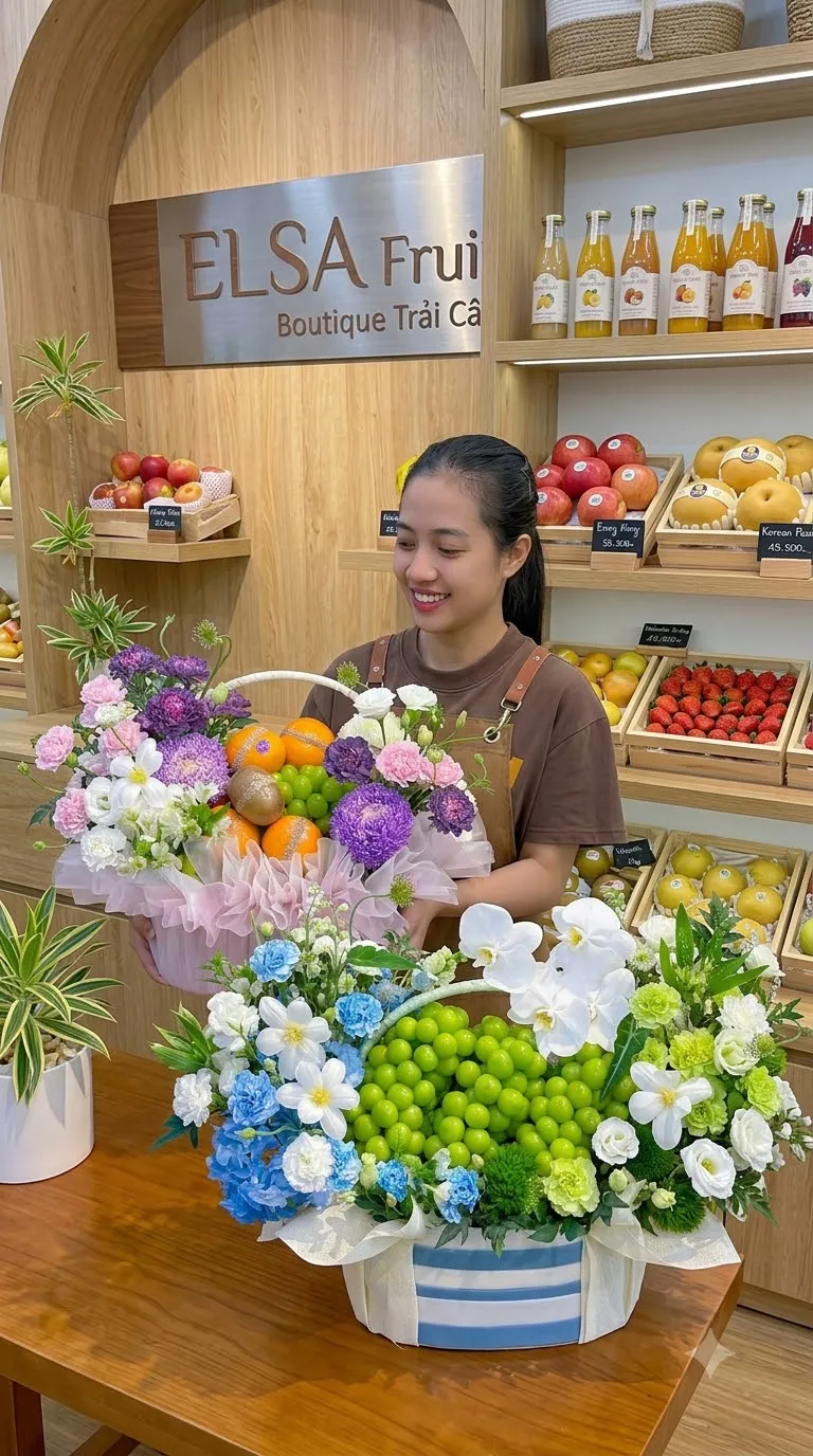 Nhân viên bên giỏ hoa quả nho xanh và hoa trắng xanh dương tại ELSA Fruit — ELSA Fruit Đak Pơ, Gia Lai