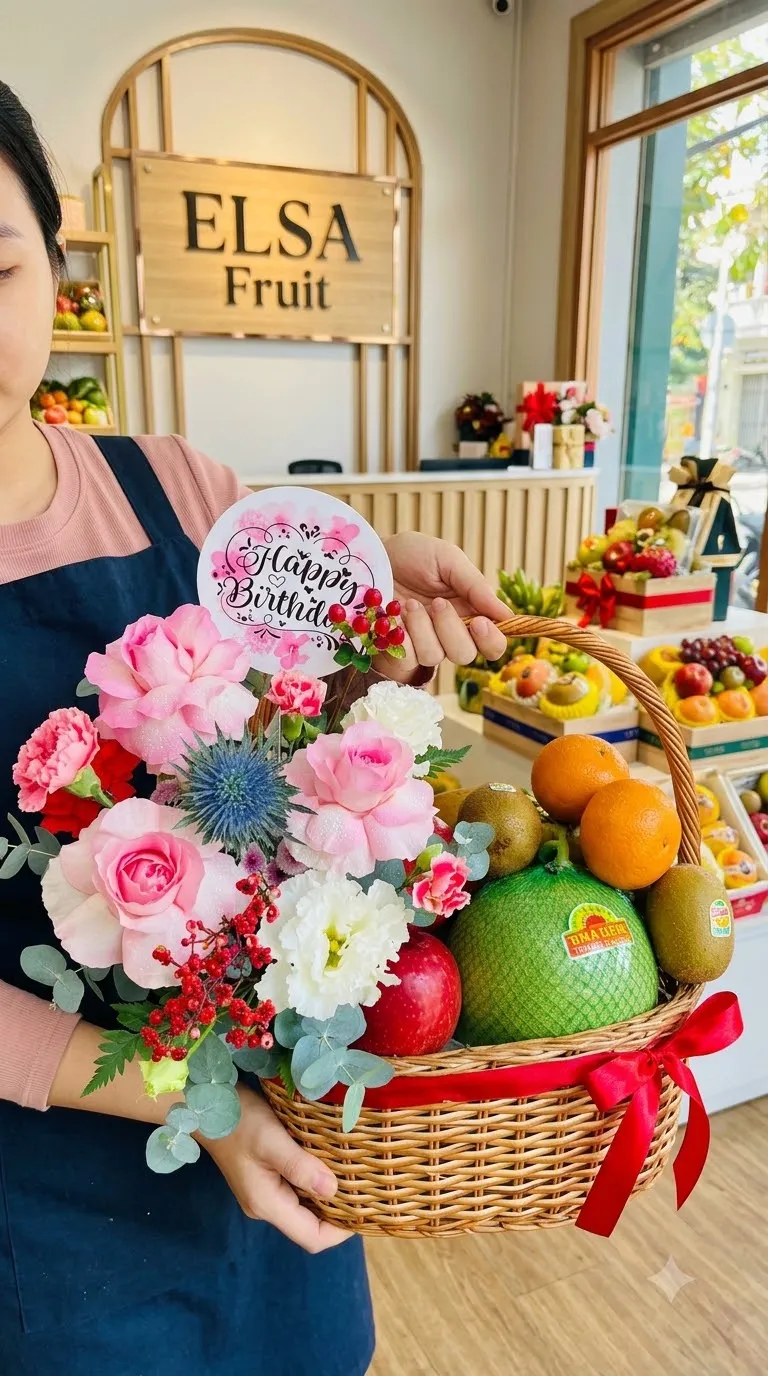 Nhân viên cầm giỏ mây hoa hồng, cam, bưởi kèm thiệp Happy Birthday tại ELSA Fruit — ELSA Fruit Chợ Gạo, Tiền Giang