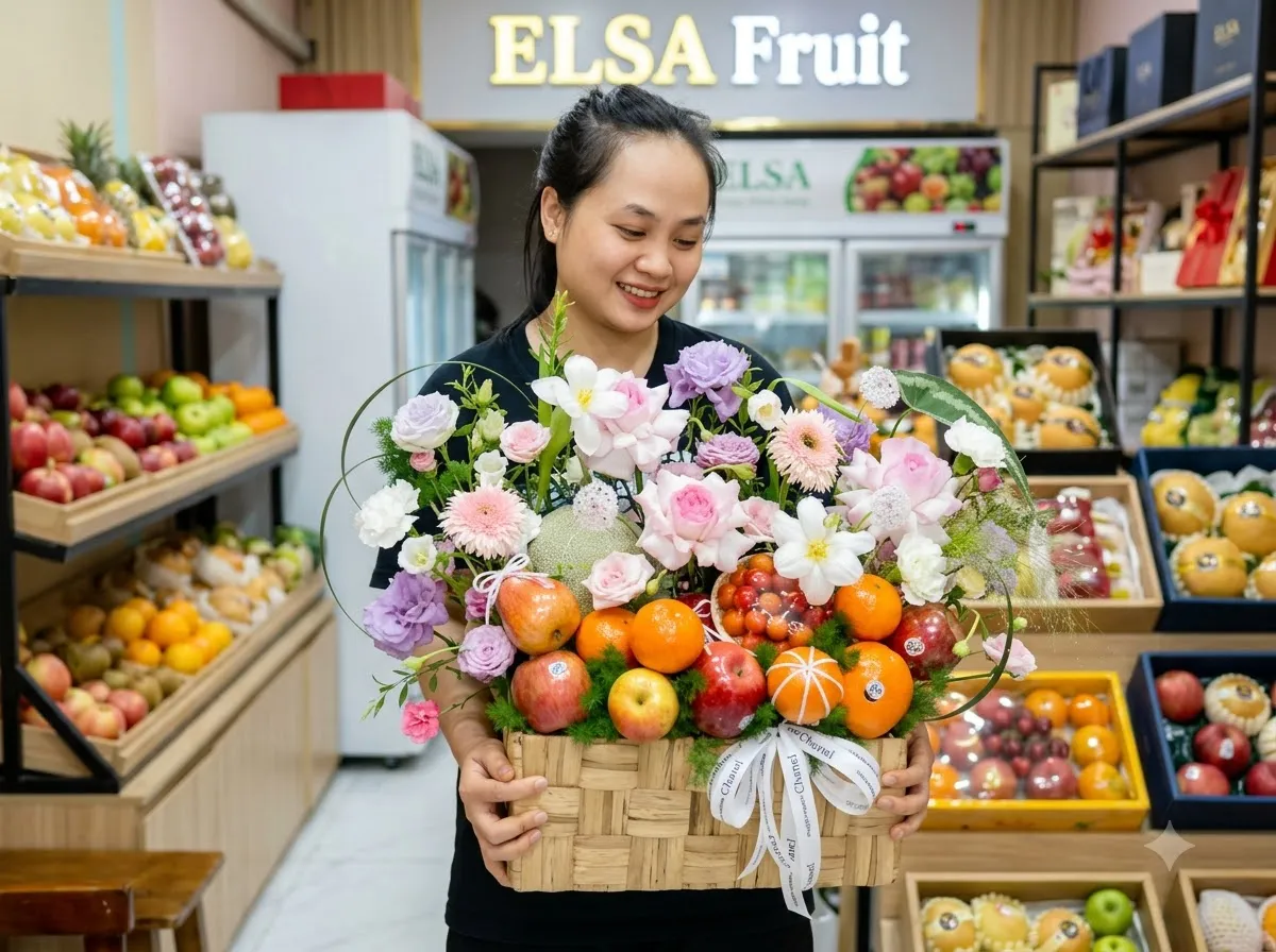 Nhân viên ôm giỏ mây táo, cam và hoa hồng, hoa cúc trong cửa hàng ELSA Fruit — ELSA Fruit Krông Ana, Đăk lăk