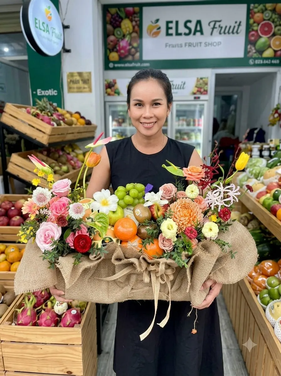Nhân viên cầm giỏ hoa quả cam, xoài và hoa nhiều màu bọc vải bố tại ELSA Fruit — ELSA Fruit huyện Kim Bảng, Hà Nam