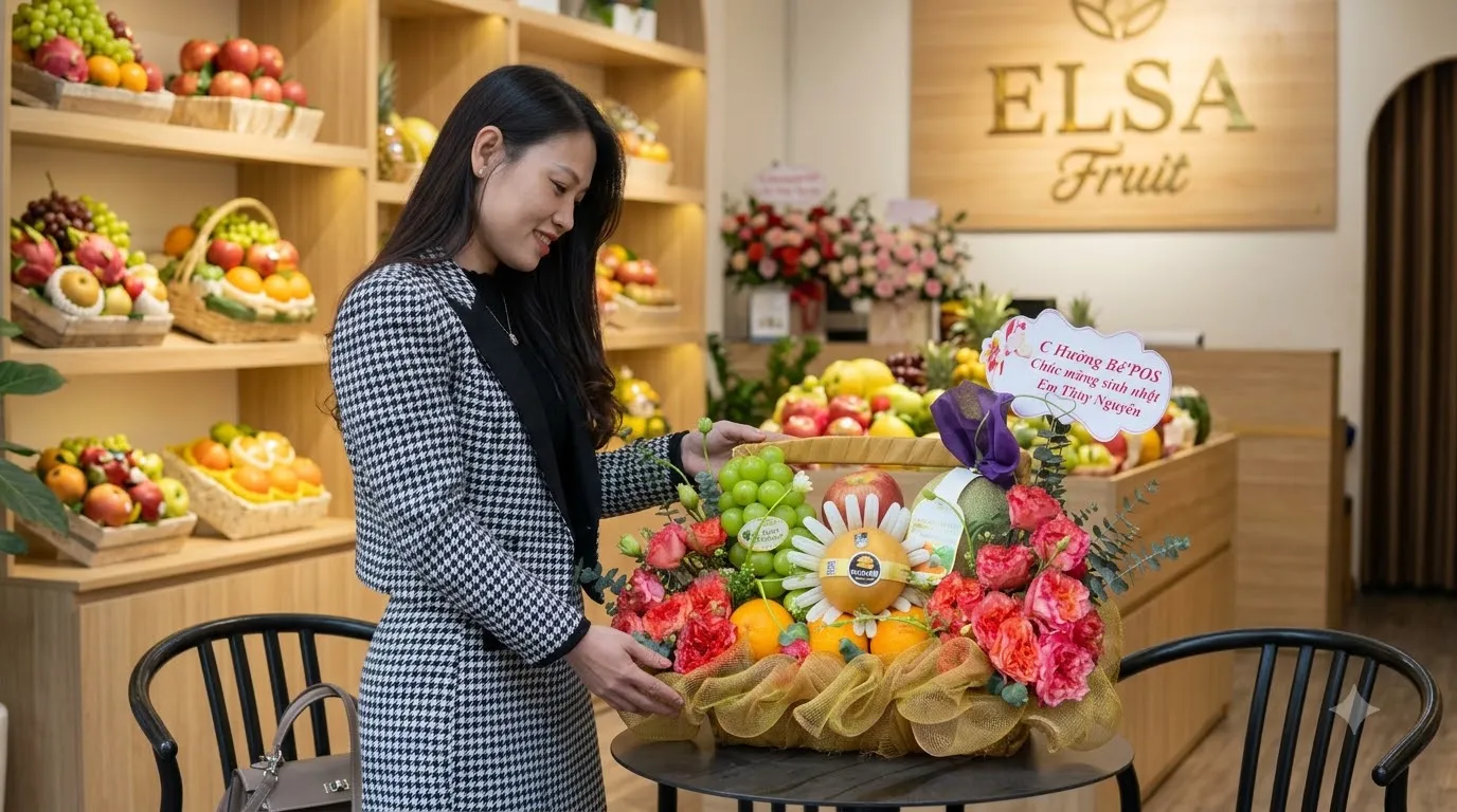Nhân viên bên giỏ hoa quả cam, táo cắm hoa kèm thiệp chúc mừng tại ELSA Fruit — ELSA Fruit huyện Tam Dương, Vĩnh Phúc