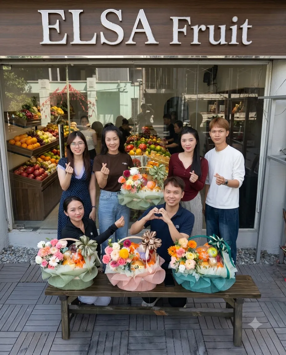 Nhóm nhân viên ELSA Fruit bên ba giỏ hoa quả cắm hoa trước cửa hàng — ELSA Fruit huyện Quan Hóa, Thanh Hoá