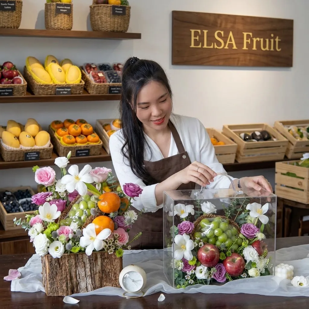 Nhân viên cắm hộp hoa quả nho, táo và hoa trắng tím trên bàn ELSA Fruit — ELSA Fruit huyện Đạ Huoai, Lâm Đồng