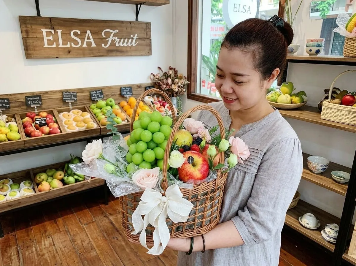 Nhân viên ôm giỏ mây nho xanh, táo, lựu và hoa trắng trong cửa hàng ELSA Fruit — ELSA Fruit huyện Bảo Lạc, Cao Bằng