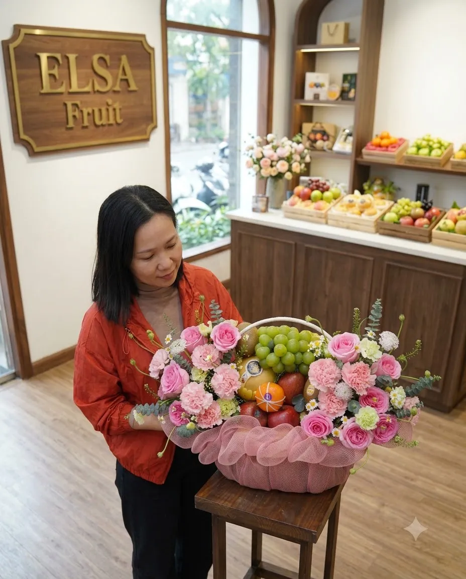 Nhân viên áo cam ôm giỏ hoa quả nho xanh và hoa hồng hồng bọc lưới hồng tại ELSA Fruit — ELSA Fruit huyện Đô Lương, Nghệ An