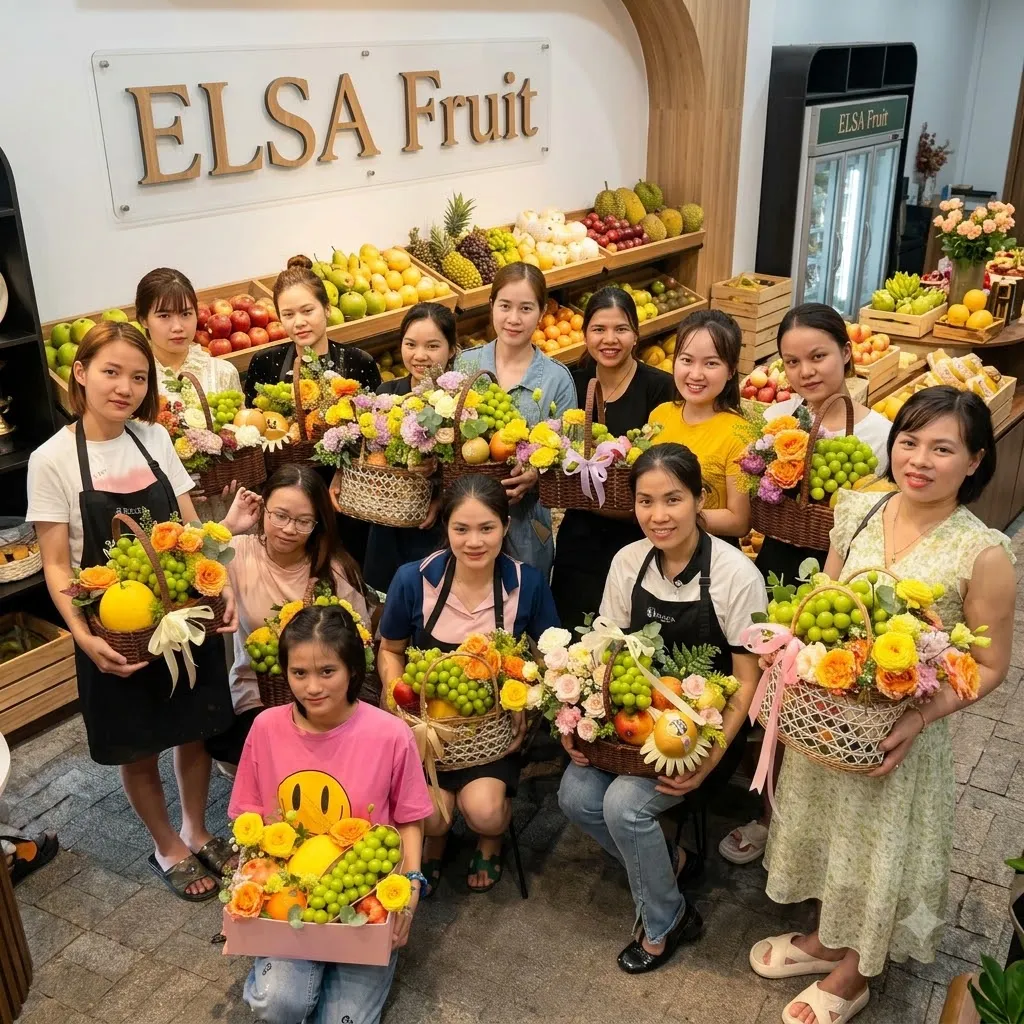 Tập thể nhân viên ELSA Fruit cầm các giỏ trái cây và hoa trong cửa hàng — ELSA Fruit Châu Thành An Giang