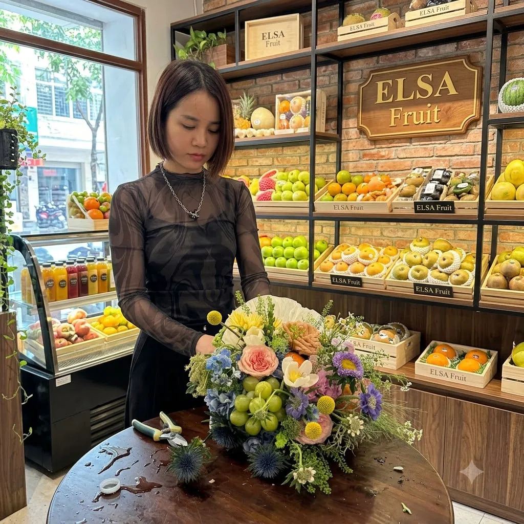 Nhân viên cắm bó hoa quả nho xanh, hoa hồng và cẩm tú cầu trên bàn gỗ ELSA Fruit — ELSA Fruit huyện Khoái Châu, Hưng Yên