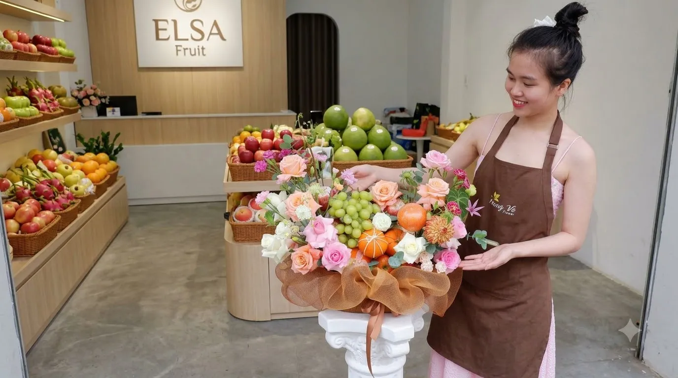 Nhân viên tạp dề nâu bên giỏ hoa quả cắm hoa hồng, nho xanh trong ELSA Fruit — ELSA Fruit Thạnh Hóa, Long An