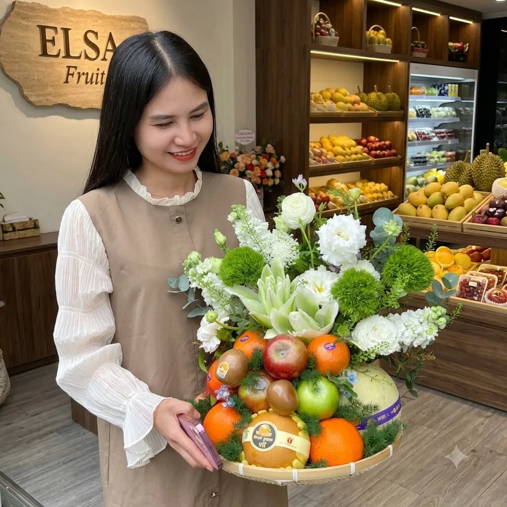 Nhân viên cầm giỏ trái cây cam, táo, lựu và hoa trắng xanh tại ELSA Fruit — ELSA Fruit huyện Bảo Lâm, Cao Bằng