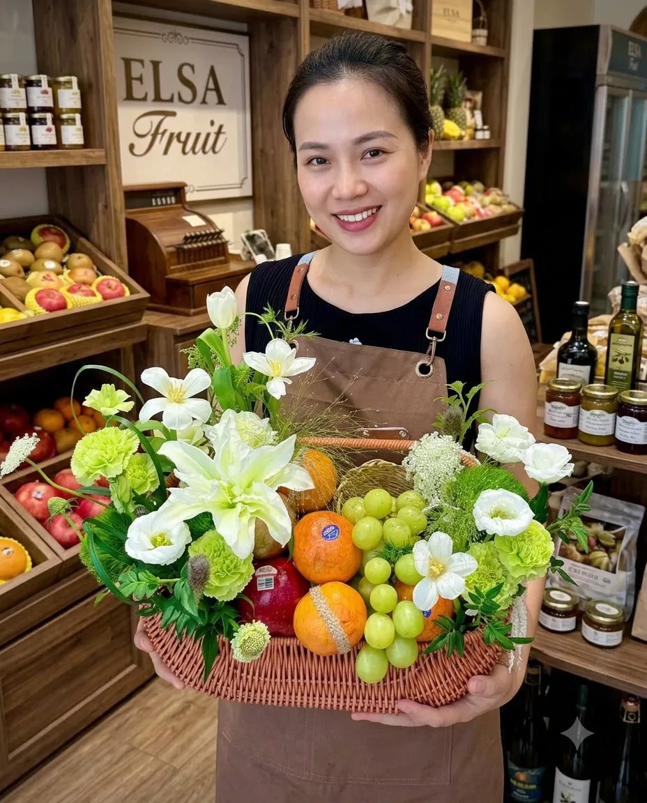 Nhân viên tạp dề nâu cầm giỏ cam, nho xanh và hoa ly trắng tại ELSA Fruit — ELSA Fruit Cao Lãnh, Đồng Tháp