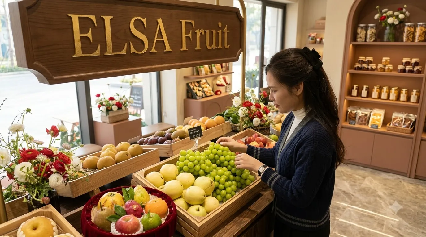 Nhân viên sắp xếp quầy nho xanh, táo và hoa tươi trong cửa hàng ELSA Fruit — ELSA Fruit huyện Phú Riềng, Bình Phước