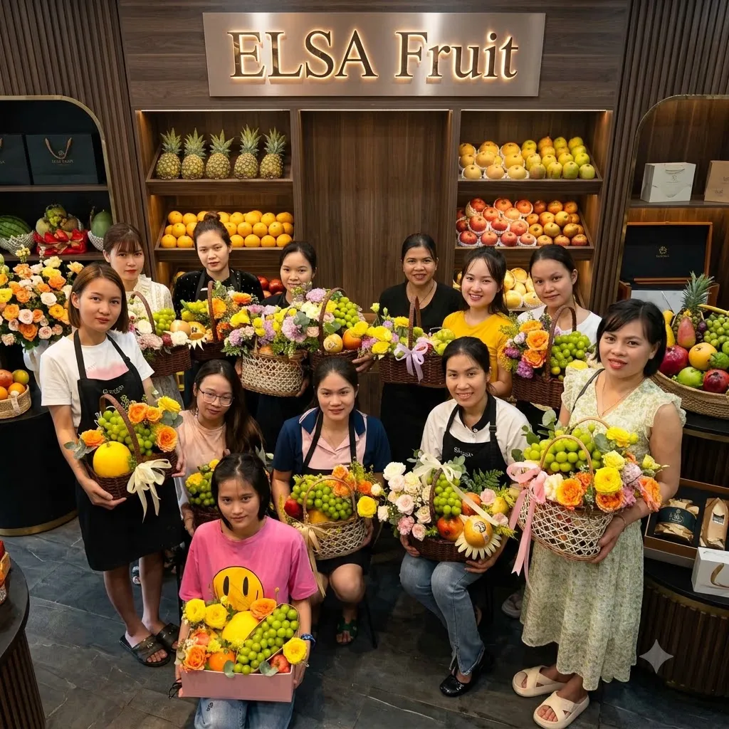 Tập thể nhân viên ELSA Fruit cầm giỏ trái cây và hoa trong cửa hàng — ELSA Fruit Đức Hòa, Long An