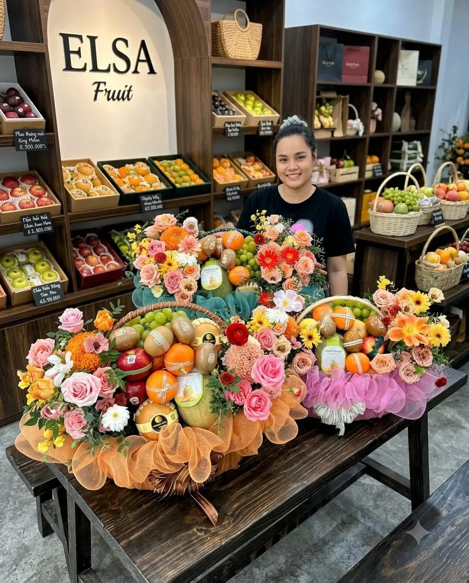 Nhân viên sau bàn bày nhiều giỏ hoa quả cam, táo cắm hoa hồng tại ELSA Fruit — ELSA Fruit Kim Thành, Hải Dương