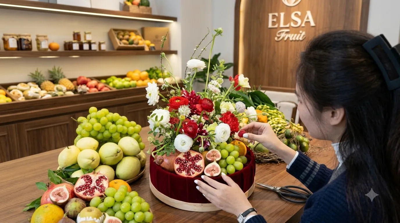 Nhân viên cắm giỏ trái cây nho xanh, lựu và hoa trắng trên bàn ELSA Fruit — ELSA Fruit huyện Bảo Lâm, Cao Bằng