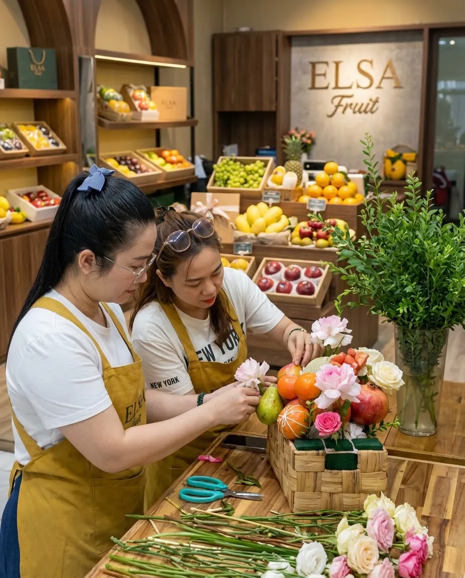 Hai nhân viên tạp dề vàng cắm giỏ trái cây cam, táo và hoa hồng tại ELSA Fruit — ELSA Fruit Thạnh Hóa, Long An