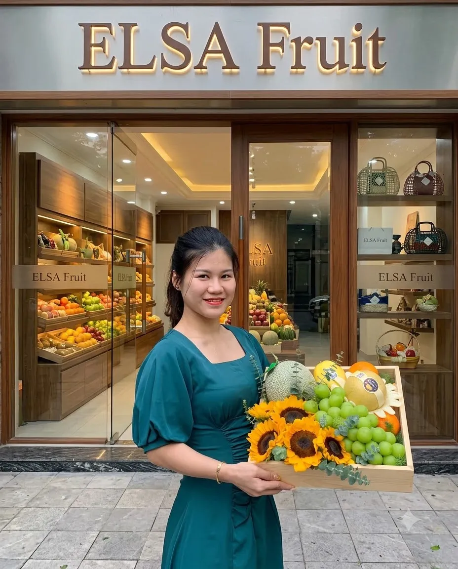 Nhân viên váy xanh cầm hộp hoa hướng dương, nho xanh trước cửa hàng ELSA Fruit — ELSA Fruit huyện Bảo Lâm, Cao Bằng