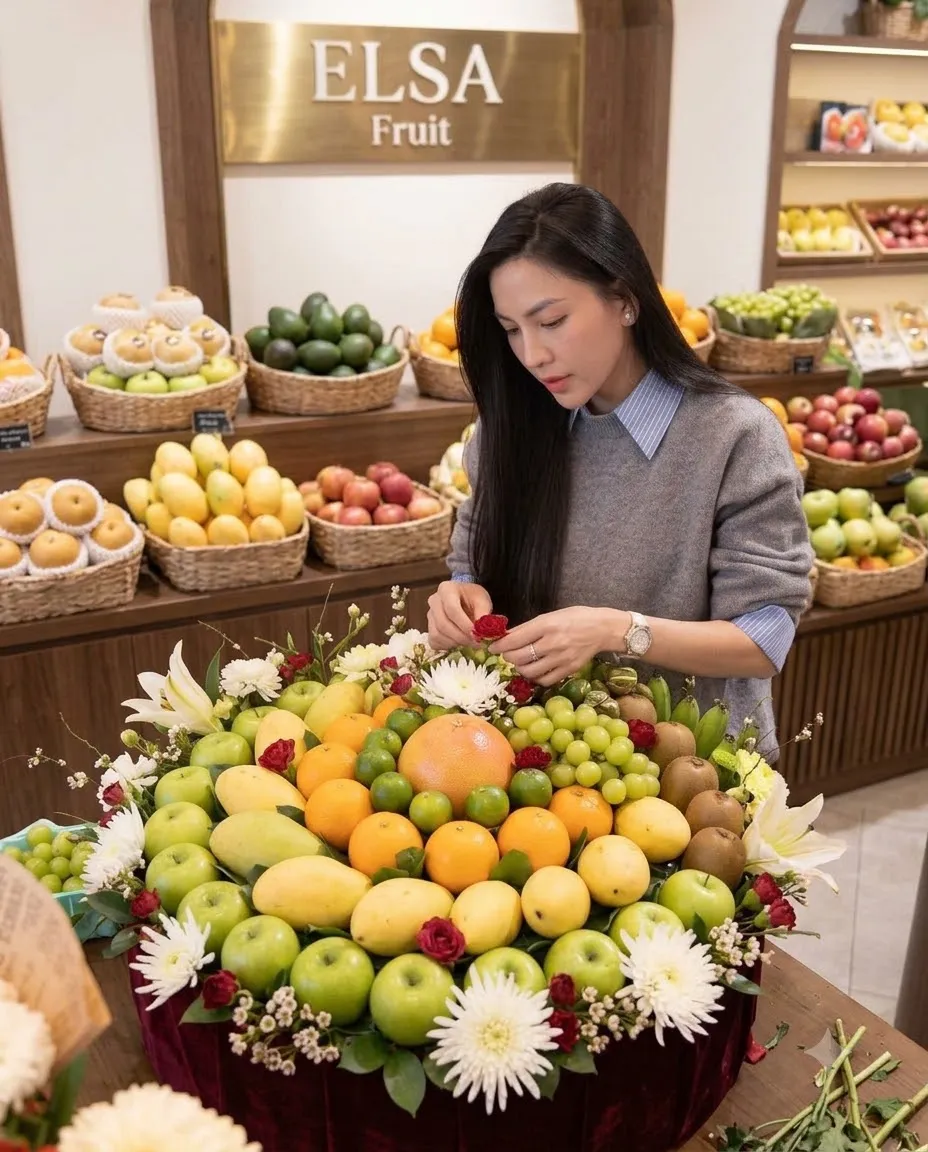 Nhân viên chỉnh mâm ngũ quả xoài, cam, táo xanh và hoa cúc trắng tại ELSA Fruit — ELSA Fruit Cam Lâm Khánh Hoà