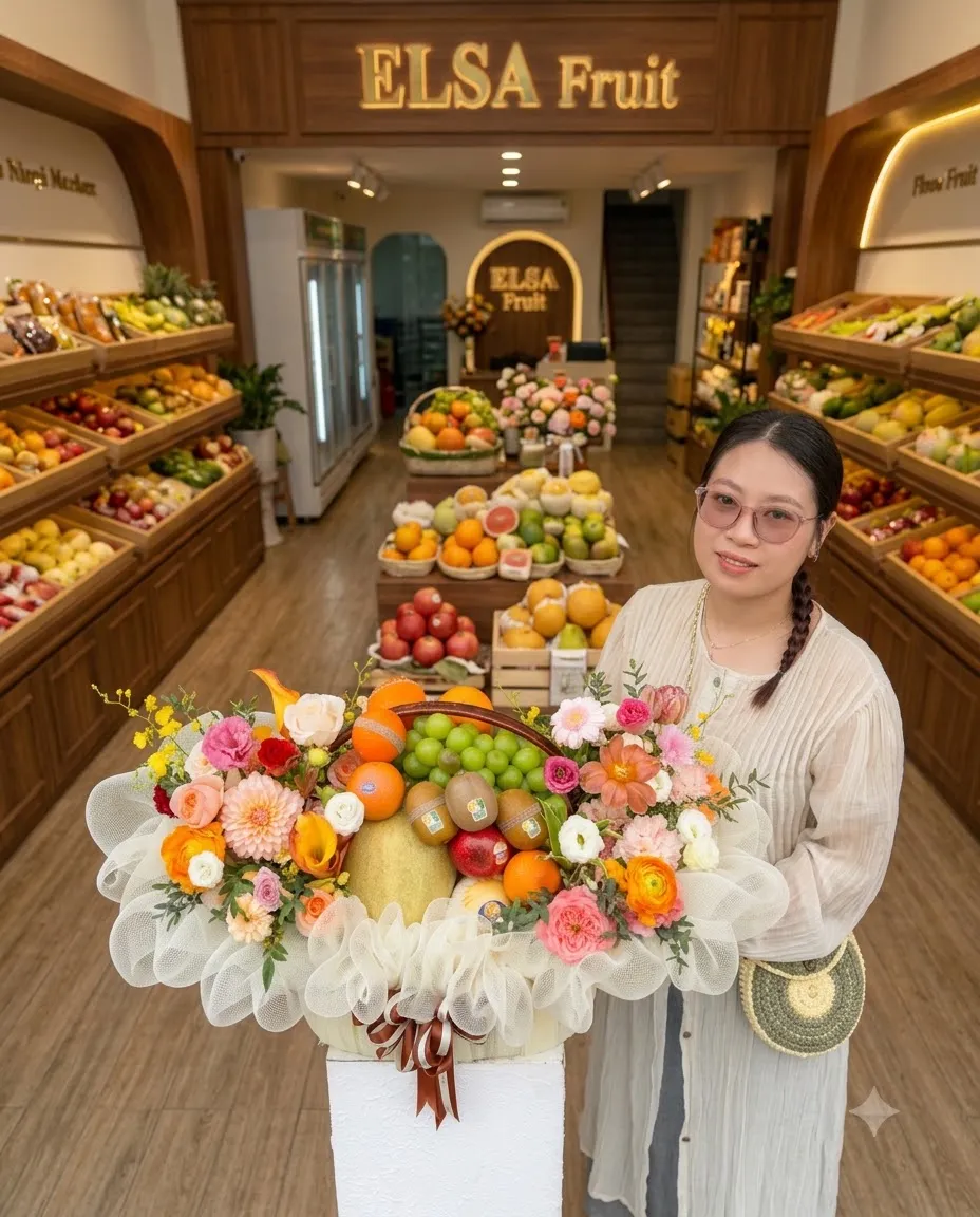 Nhân viên bên giỏ hoa quả cam, nho xanh và hoa hồng bọc lưới trắng tại ELSA Fruit — ELSA Fruit huyện Bắc Yên, Sơn La