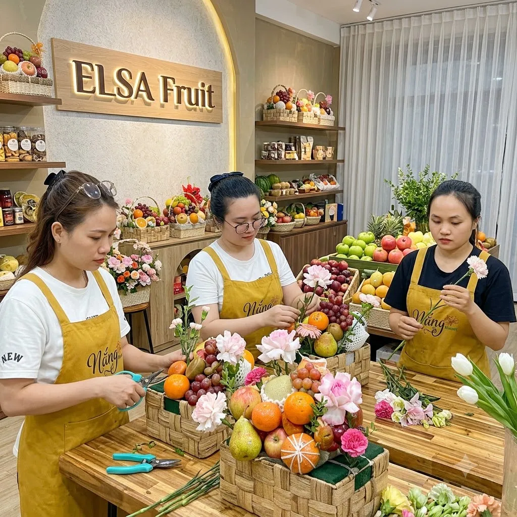 Ba nhân viên tạp dề vàng cắm giỏ trái cây cam, lê và hoa hồng tại ELSA Fruit — ELSA Fruit huyện Trấn Yên, Yên Bái