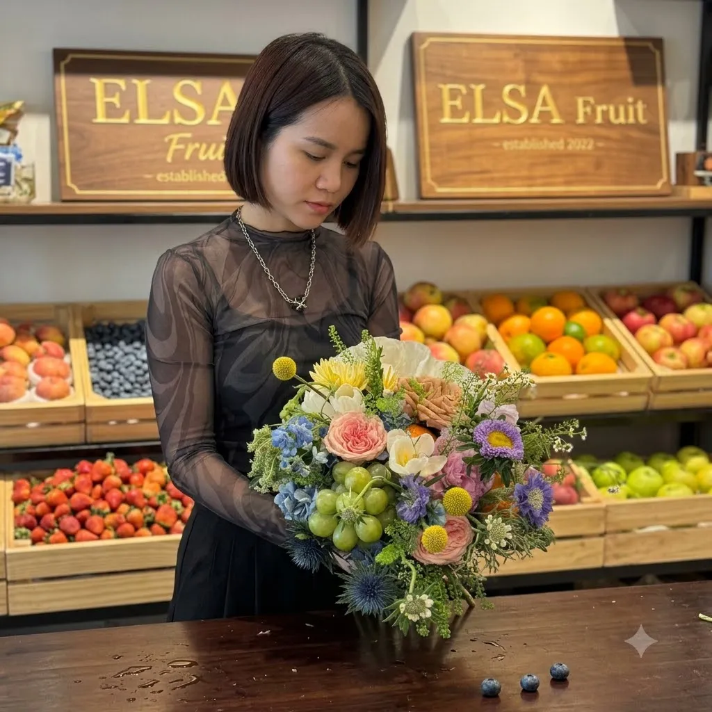 Nhân viên cắm giỏ hoa quả nho xanh, hoa hồng và cẩm tú cầu trên bàn gỗ ELSA Fruit — ELSA Fruit Mỹ Lộc, Nam Định