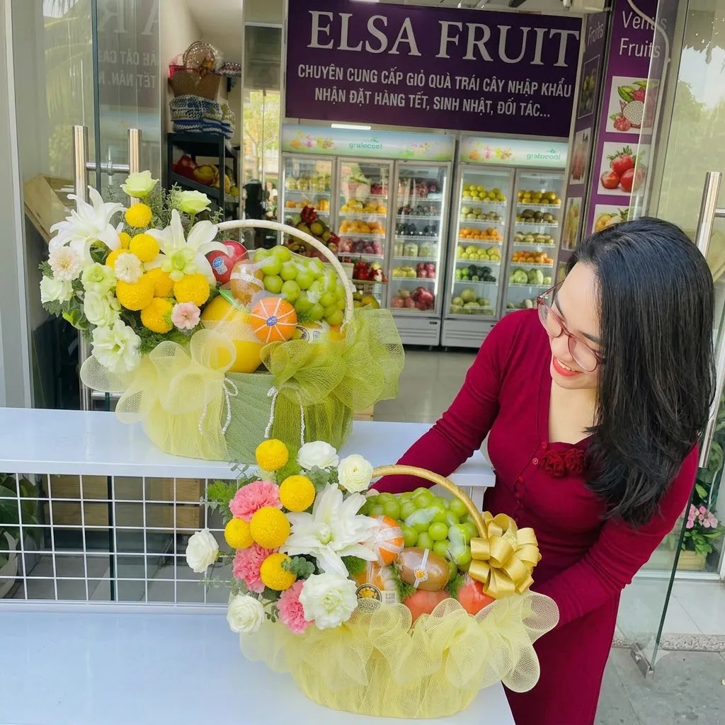 Nhân viên váy đỏ bên hai giỏ hoa quả cắm hoa vàng bọc lưới vàng tại ELSA Fruit — ELSA Fruit huyện Trấn Yên, Yên Bái