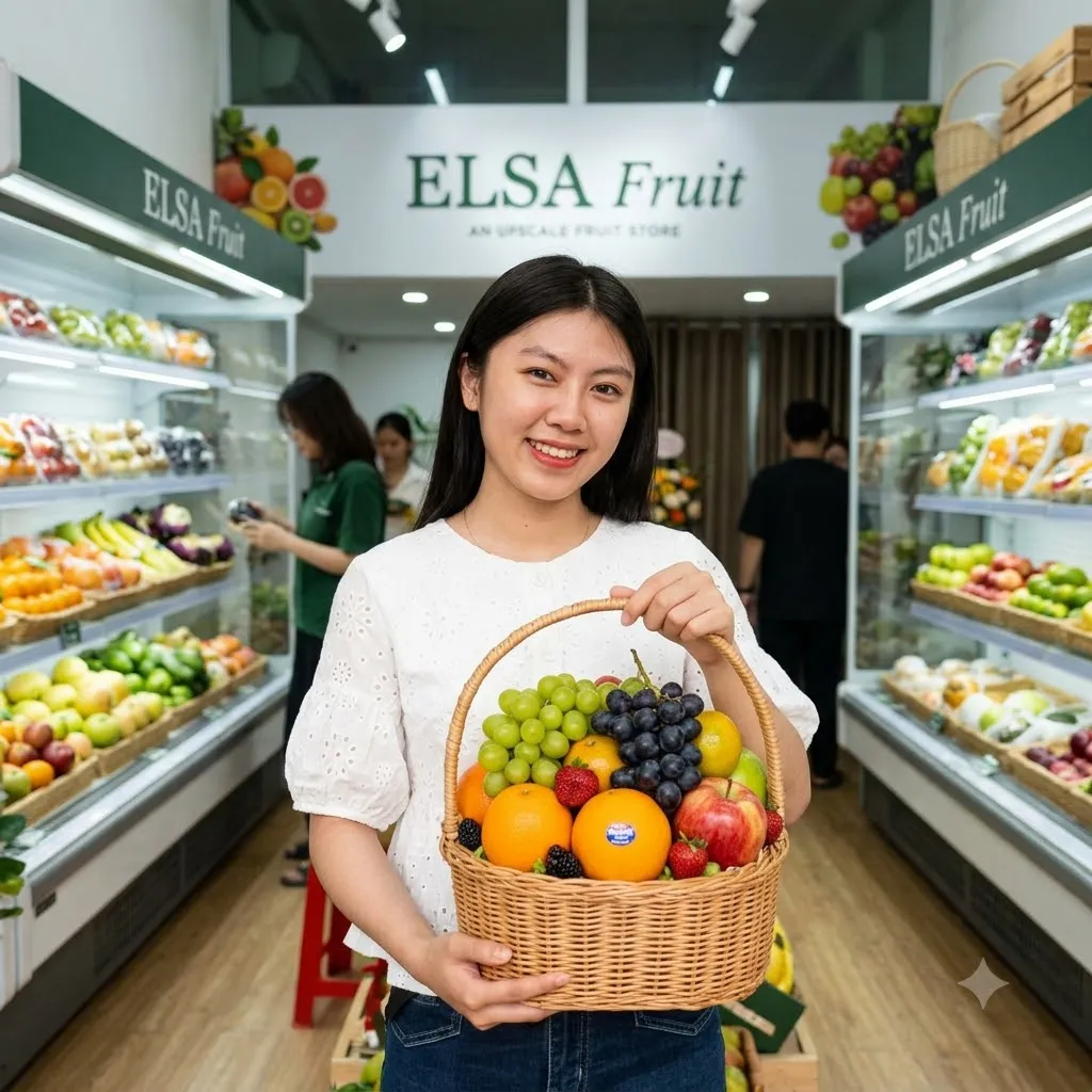 Nhân viên áo trắng cầm giỏ mây cam, nho tím và nho xanh trong cửa hàng ELSA Fruit — ELSA Fruit huyện Đắk Tô, Kon Tum