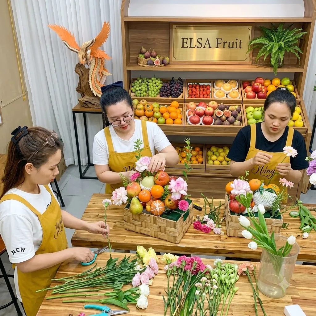 Ba nhân viên tạp dề vàng đang cắm giỏ trái cây và hoa tươi tại ELSA Fruit — ELSA Fruit Cao Bằng
