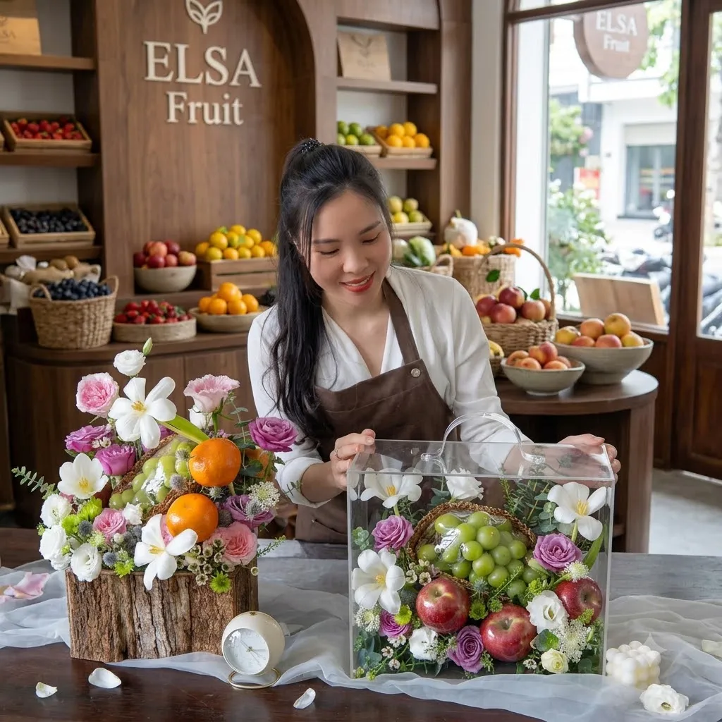 Nhân viên cắm hộp hoa quả nho, táo và hoa trắng tím tại ELSA Fruit — ELSA Fruit Krông Ana, Đăk lăk