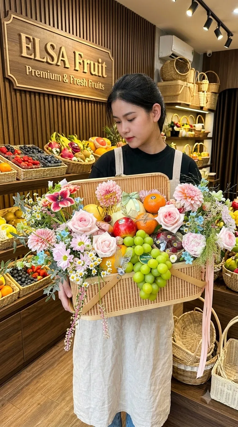 Nhân viên ôm giỏ mây nho xanh, táo và hoa hồng pastel trong ELSA Fruit — ELSA Fruit Ba Tơ Quảng Ngãi