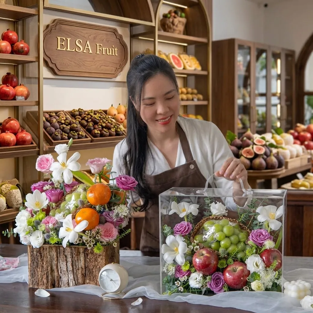 Nhân viên cắm hộp hoa quả nho, táo và hoa trắng tím tại ELSA Fruit — ELSA Fruit huyện Bắc Yên, Sơn La