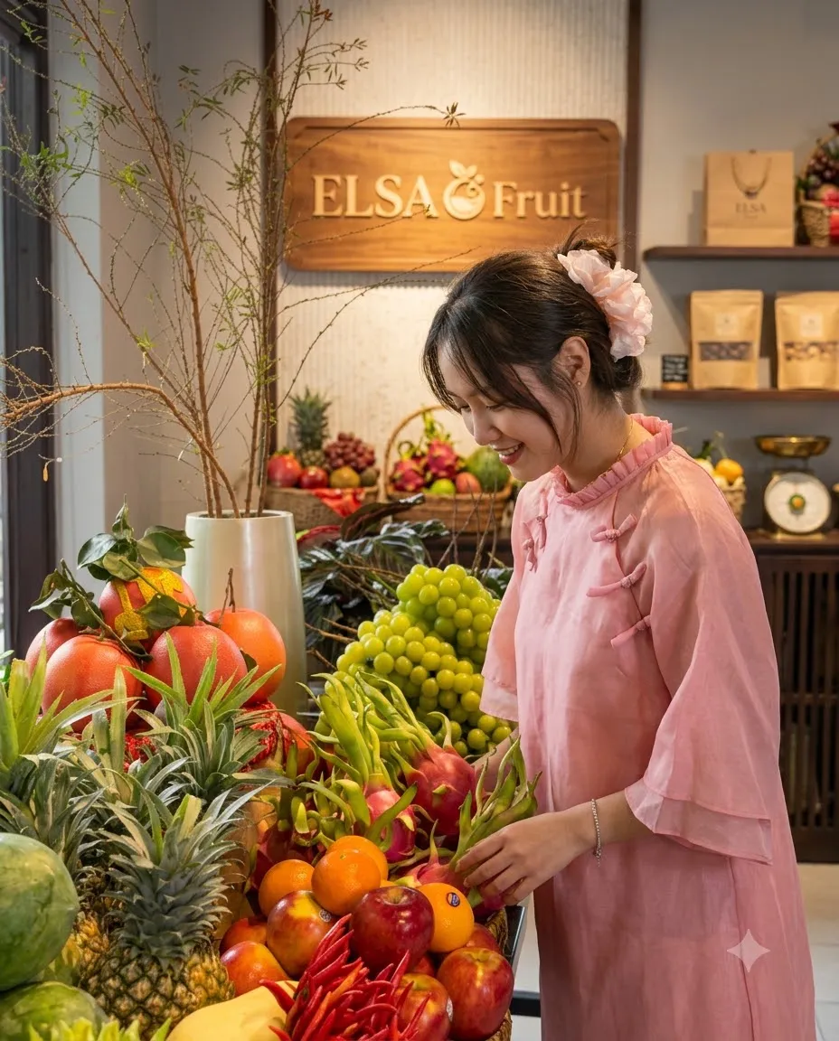 Nhân viên áo dài hồng sắp xếp mâm trái cây dứa, cam, nho xanh tại ELSA Fruit — ELSA Fruit huyện Đạ Huoai, Lâm Đồng