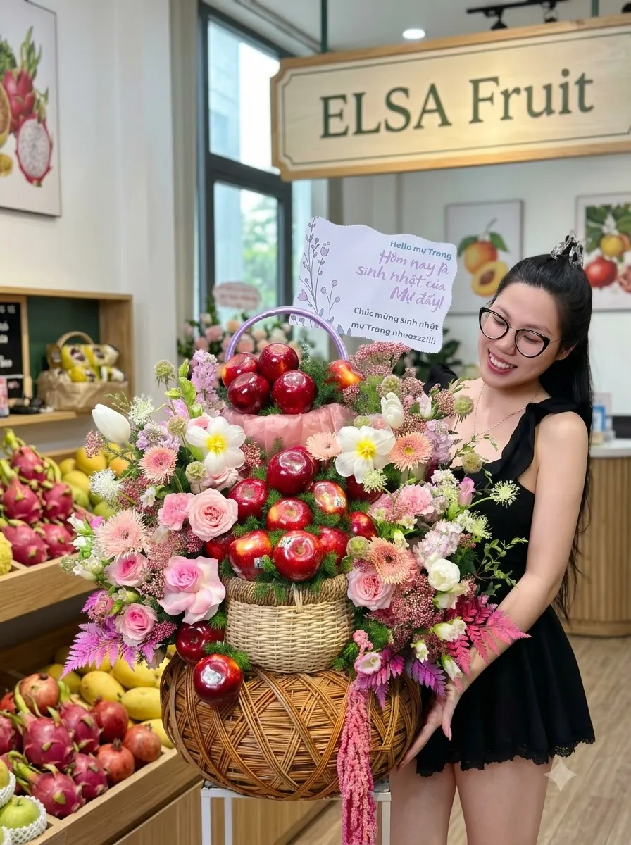Nhân viên bên giỏ hoa quả táo đỏ, nho và hoa hồng kèm thiệp chúc mừng tại ELSA Fruit — ELSA Fruit huyện Duyên Hải, Trà Vinh
