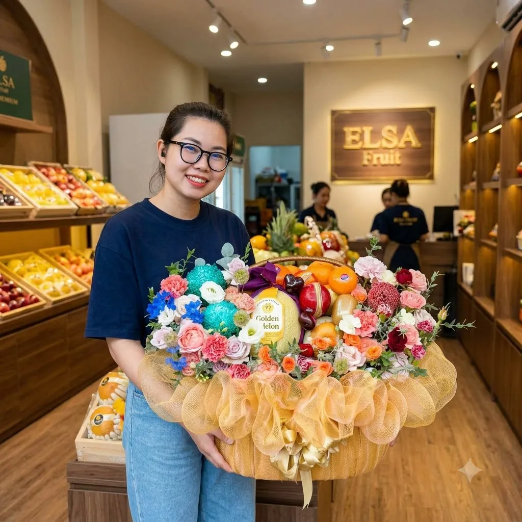 Nhân viên đeo kính ôm giỏ hoa quả lớn cắm hoa nhiều màu bọc lưới vàng tại ELSA Fruit — ELSA Fruit huyện Tánh Linh, Bình Thuận