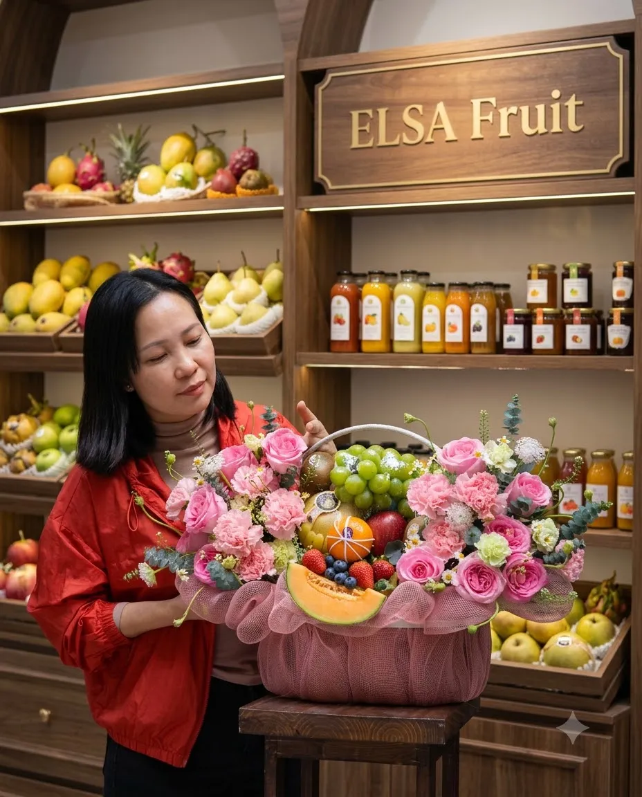 Nhân viên áo cam chỉnh giỏ hoa quả hoa hồng hồng và dưa lưới trước kệ ELSA Fruit — ELSA Fruit huyện Bắc Yên, Sơn La