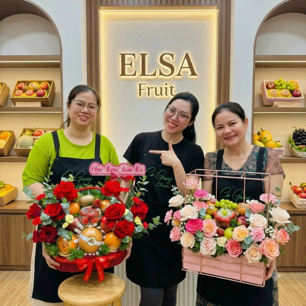 Ba nhân viên cầm giỏ hoa quả hoa hồng đỏ và giỏ hoa hồng pastel tại ELSA Fruit — ELSA Fruit Cao Bằng