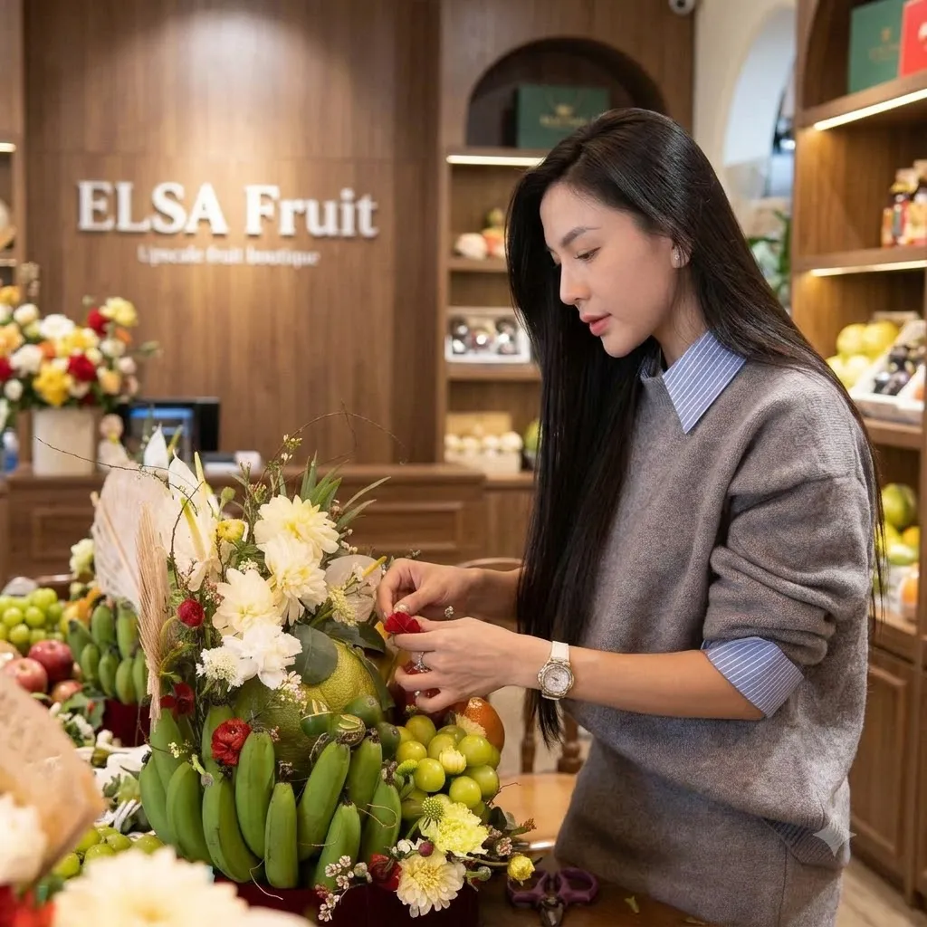 Nhân viên áo len xám chỉnh mâm quả chuối xanh, bưởi và hoa trắng tại ELSA Fruit — ELSA Fruit huyện Đồng Phú, Bình Phước