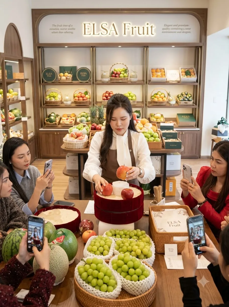 Nhân viên hướng dẫn khách làm giỏ quà nho xanh và hộp quà đỏ tại ELSA Fruit — ELSA Fruit huyện Tam Dương, Vĩnh Phúc