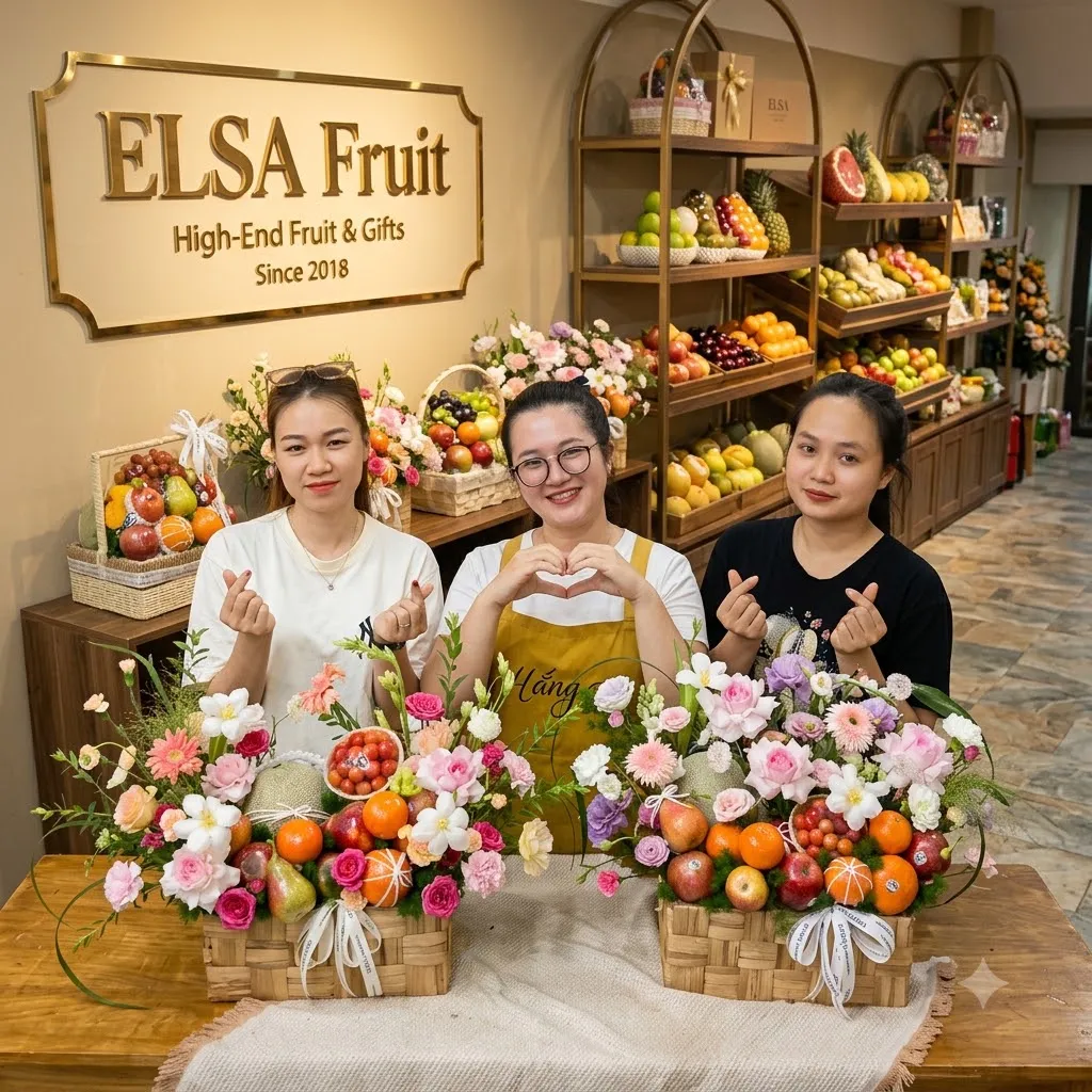 Ba nhân viên ELSA Fruit bên hai giỏ mây hoa quả cắm hoa hồng — ELSA Fruit Thạnh Hóa, Long An