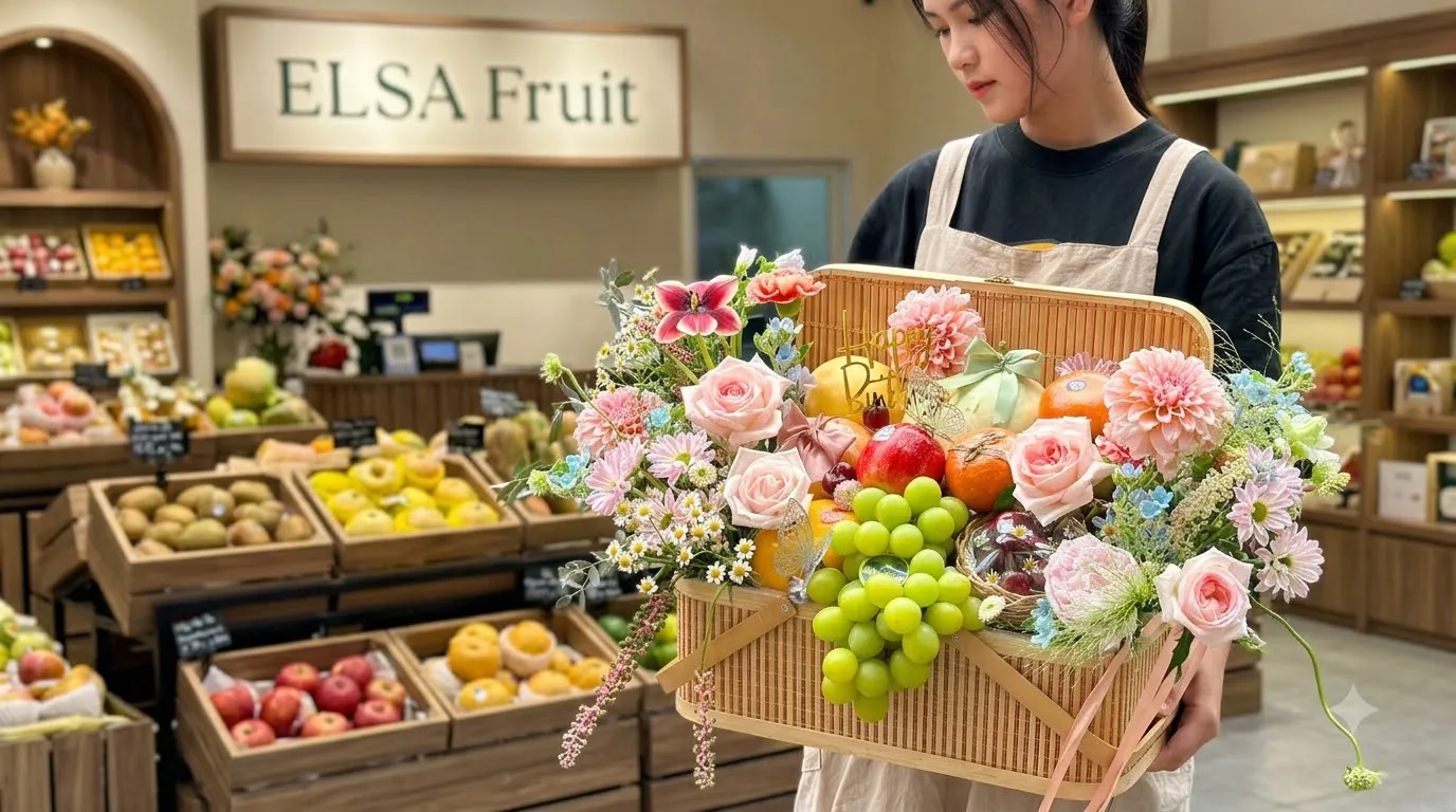 Nhân viên tạp dề xám ôm giỏ mây nho xanh và hoa hồng pastel tại ELSA Fruit — ELSA Fruit huyện Nho Quan, Ninh Bình