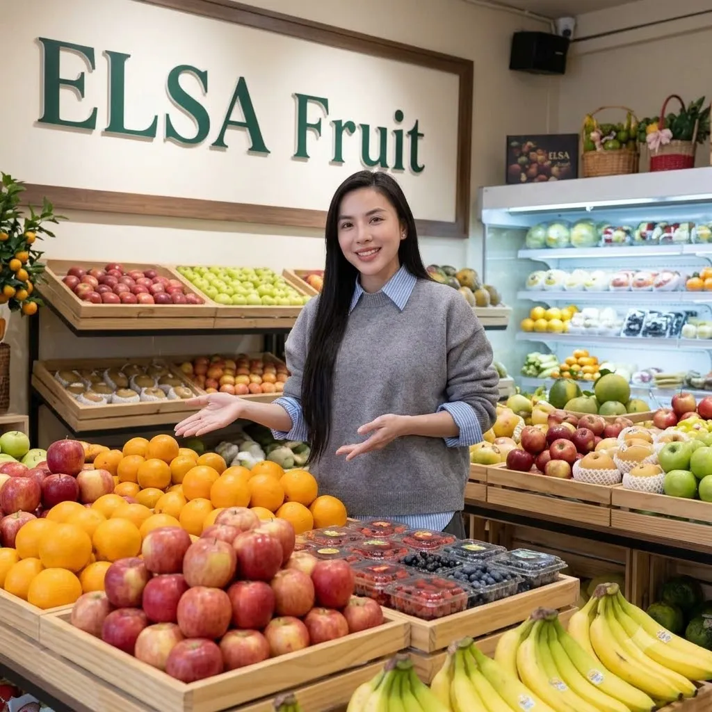 Nhân viên giới thiệu quầy táo, cam, chuối và việt quất trong cửa hàng ELSA Fruit — ELSA Fruit Tịnh Biên An Giang