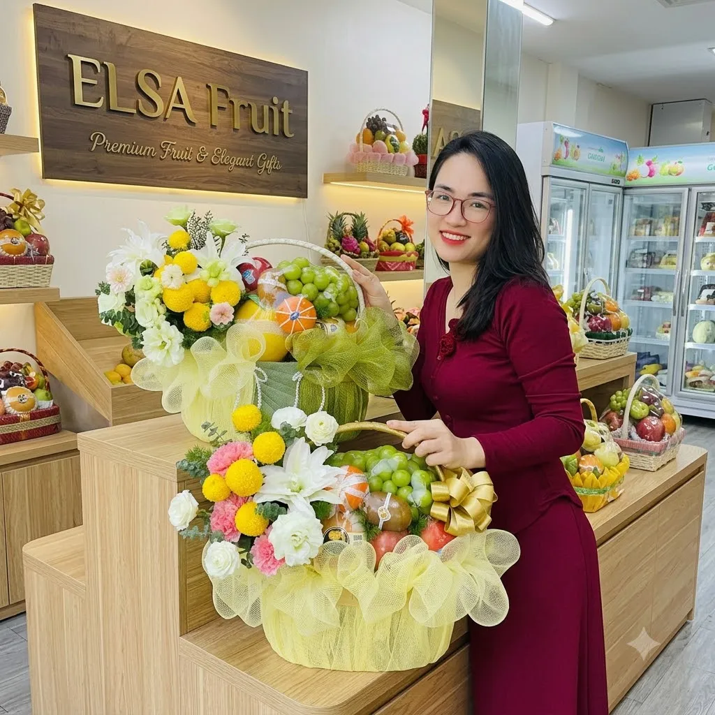 Nhân viên váy đỏ bên giỏ hoa quả hoa ly trắng, hoa vàng bọc lưới vàng tại ELSA Fruit — ELSA Fruit huyện Tam Dương, Vĩnh Phúc
